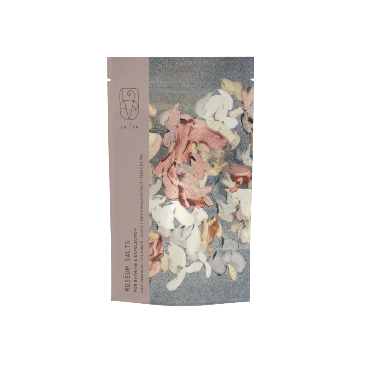 A package of La-Eva Roseum Exfoliant & Bath Salts with a label featuring artwork "Younger Together" by Valeska Hykel