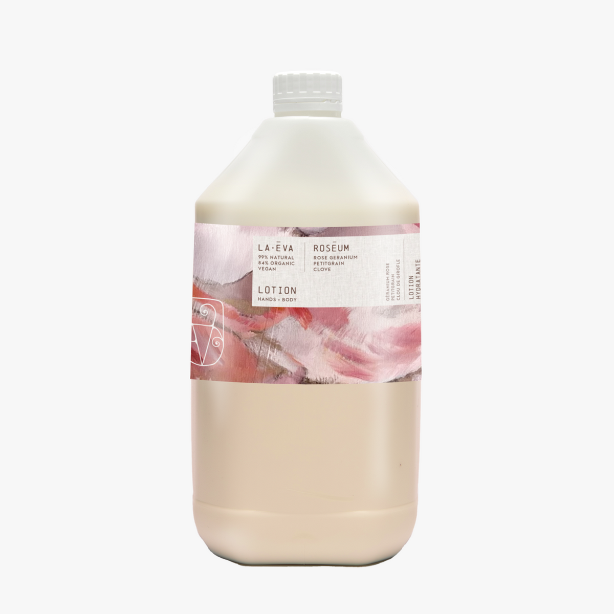 La-Eva Roseum hand and Body Lotion 5l refillable, featuring art by Meinke Flessemen