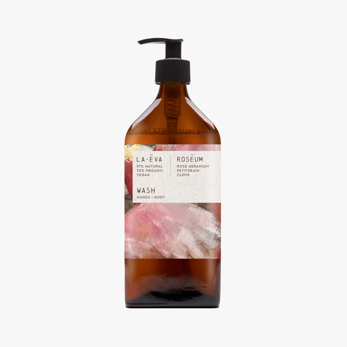 A pump bottle of Roseum Hand & Body Wash with a label featuring 'Flamingos' artwork by Meinke Flessemen and the text 'roséum' part of the rose geranium botanical, Pelargonium roseum.