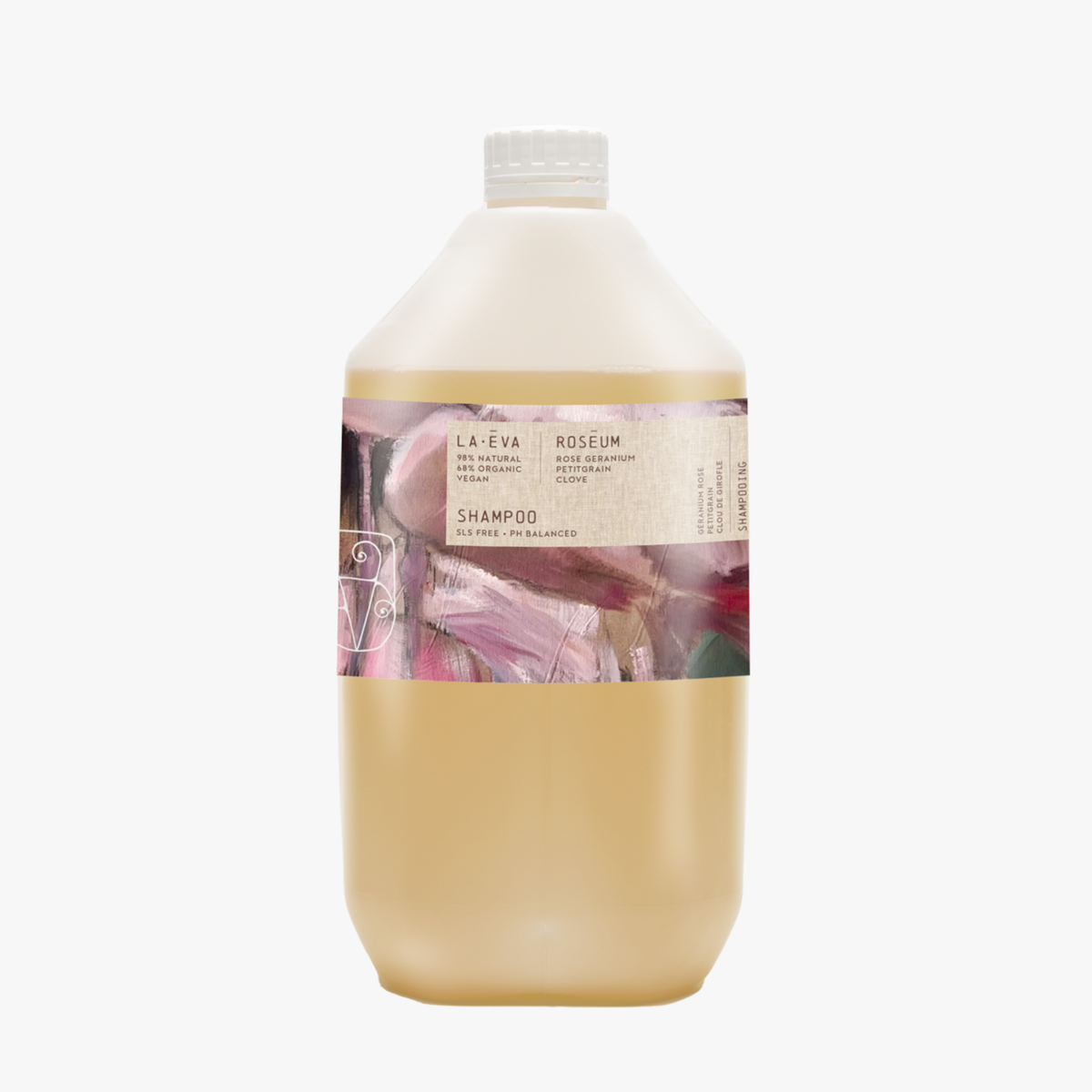 La-Eva Roseum shampoo 5l refill, featuring art by Meinke Flessemen