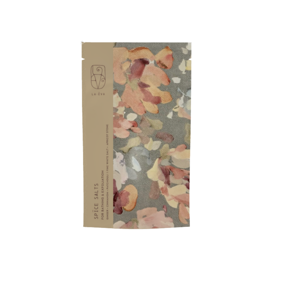 A package of La-Eva Linden Exfoliant & Bath Salts with a label featuring artwork "At Your Pace" by Valeska Hykel