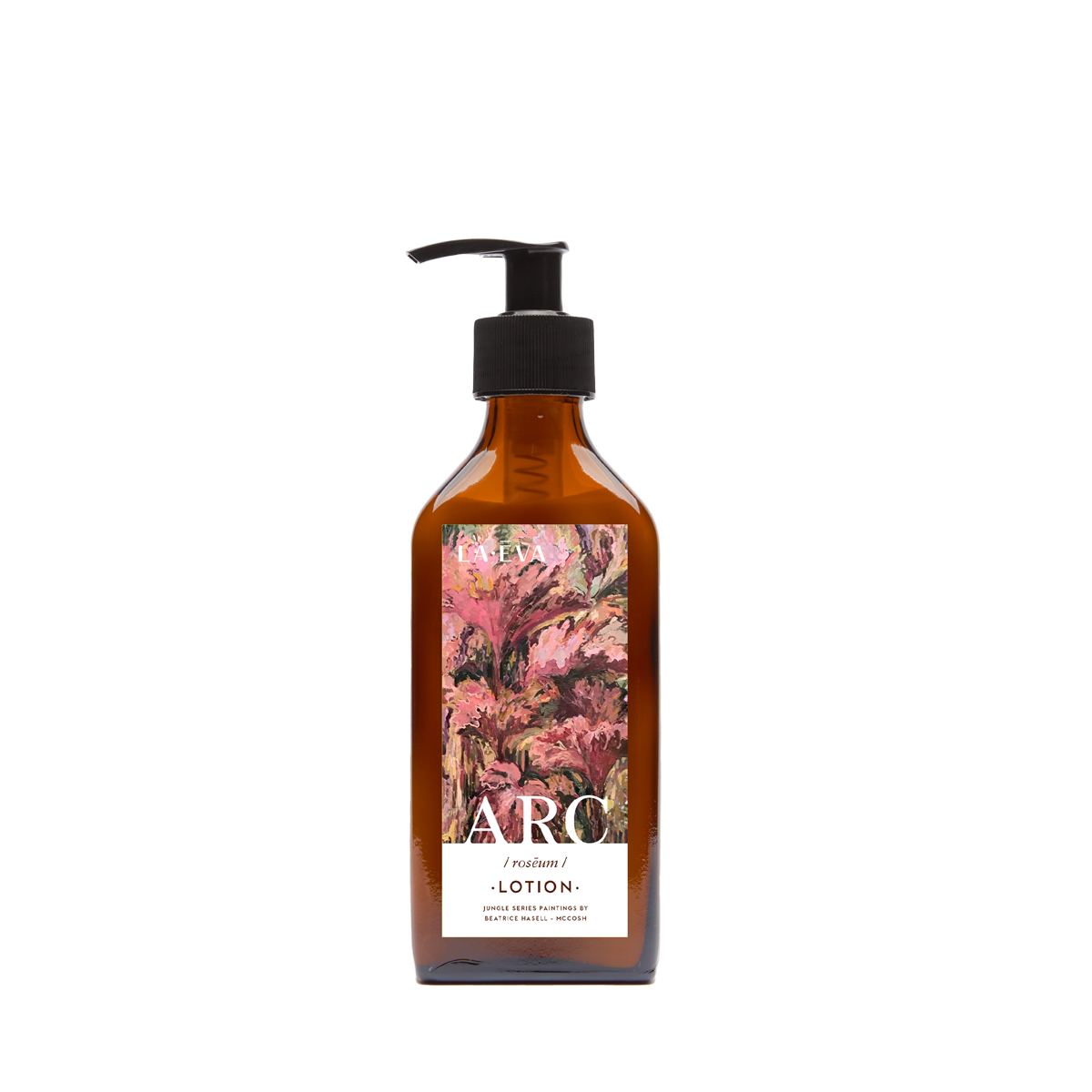 A recycled amber glass pump bottle of Roseum Hand & Body Lotion with bespoke artwork for ARC architecture by artist Beatrice Hassel McCosh. 