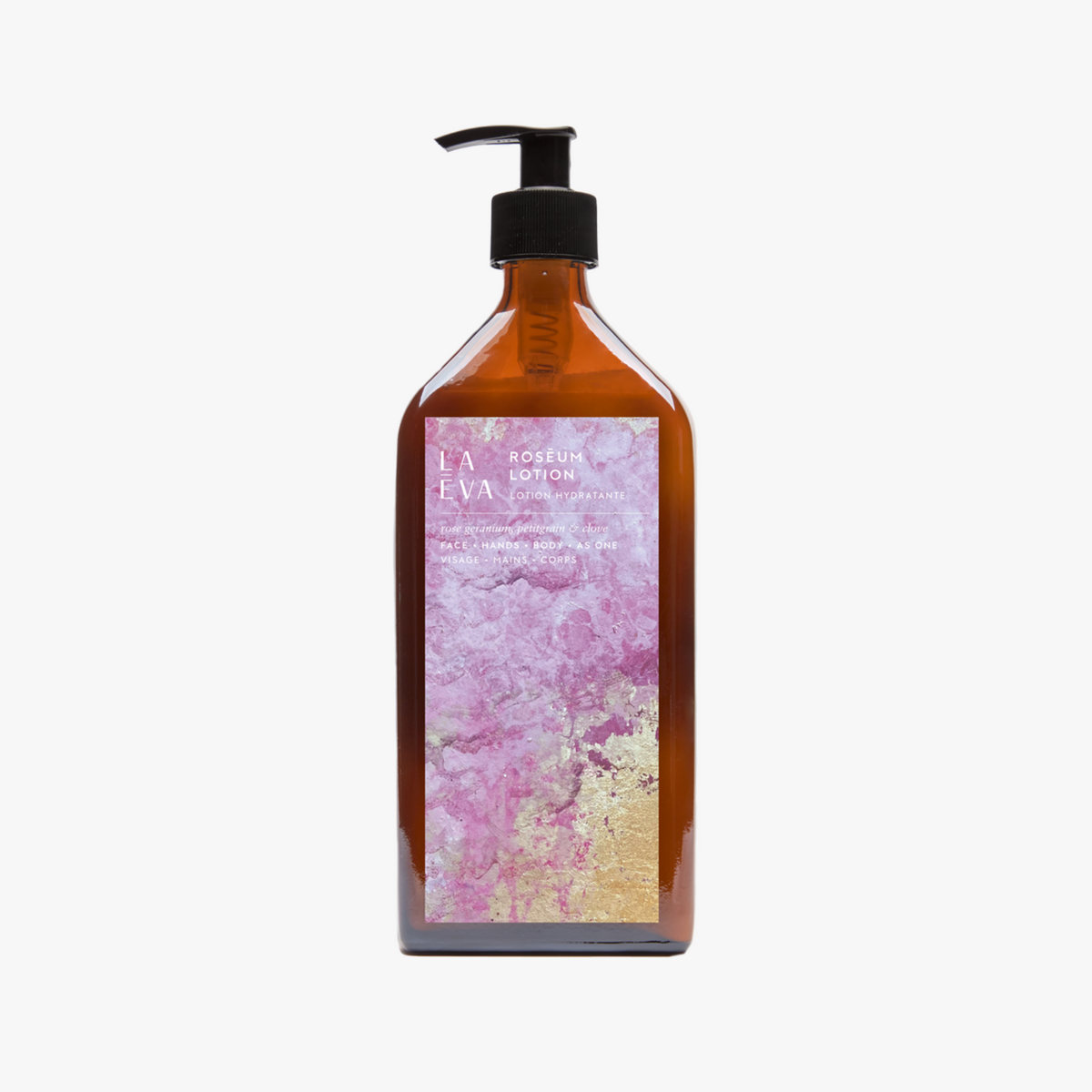La Eva x Nathalie Moisy hand and body lotion in an amber glass 500ml pump bottle