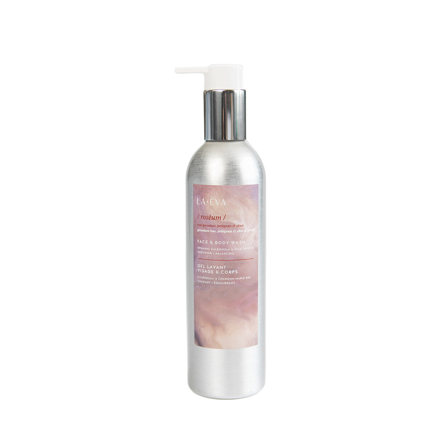 200ml aluminium bottle of La-Eva Roseum face and body wash