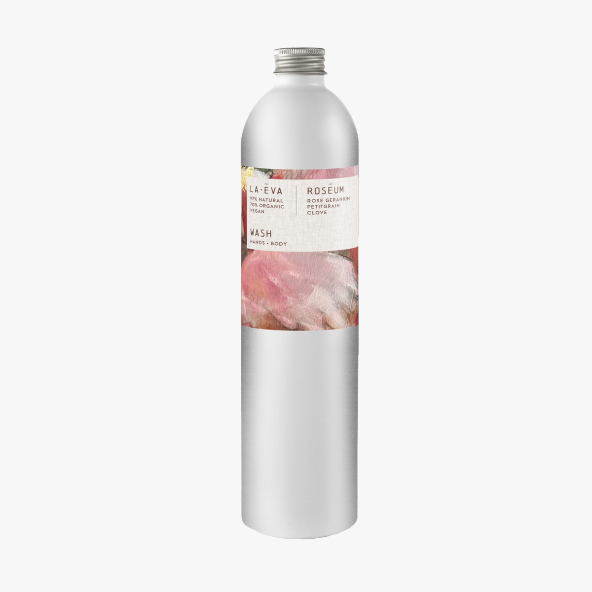 A tall, slender aluminium bottle of Roseum Hand & Body Wash sustainable refill. Label featuring Meinke Flessemen artwork.