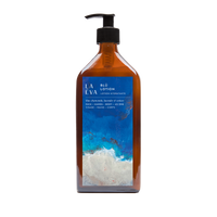 500ml glass bottle of La-Eva Blu face and body lotion with a special edition label featuring the art of Nathalie Moisy