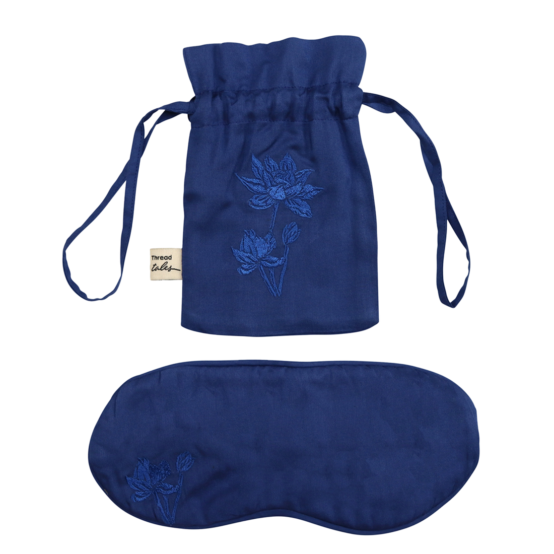 La-Eva lotus silk eye mask and bag with lotus flower decorative embroidery, midnight blue