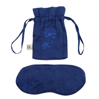 La-Eva lotus silk eye mask and bag with lotus flower decorative embroidery, midnight blue