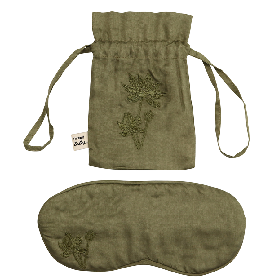 La-Eva lotus silk eye mask and bag with lotus flower decorative embroidery, olive green